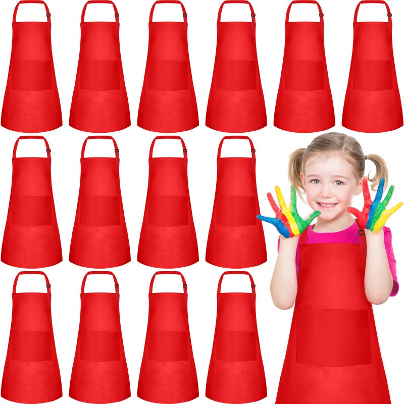 PLULON 4 Pcs Aprons for Kids Adjustable Kids Red Apron Bulk with Pocket Painting Aprons For Boys Girls Painting Cooking Baking (Red) - Image 1